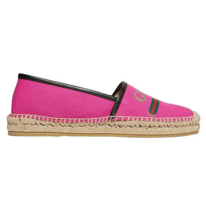 Gucci Pilar Pink Canvas Black Leather Trim GG Logo Print Flat Espadrilles 36.5